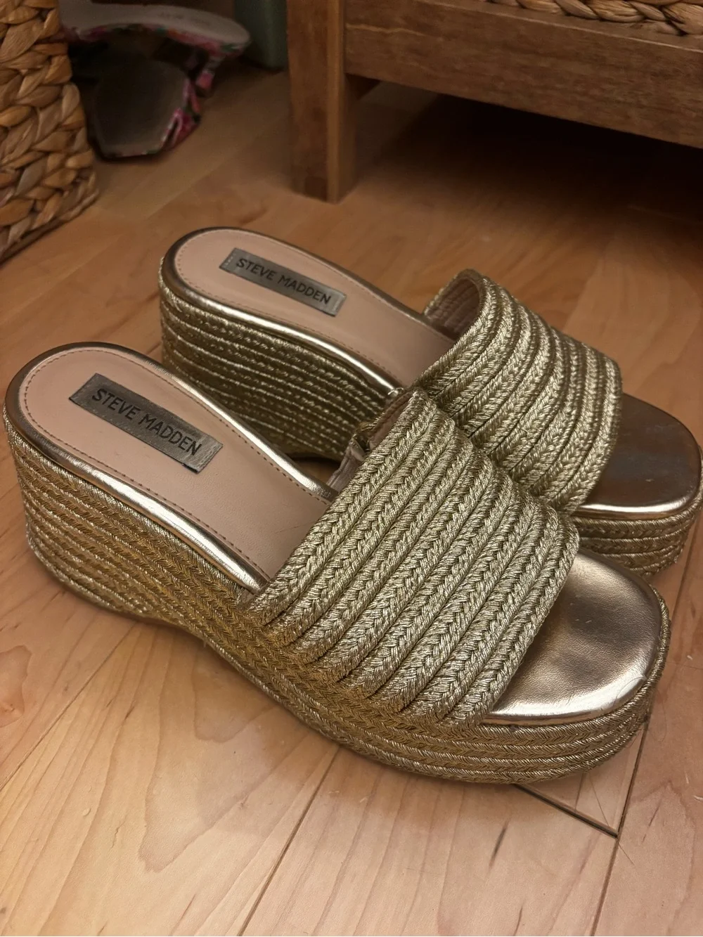 Steve Madden Metallic Gold Braided Platform Slide Wedges